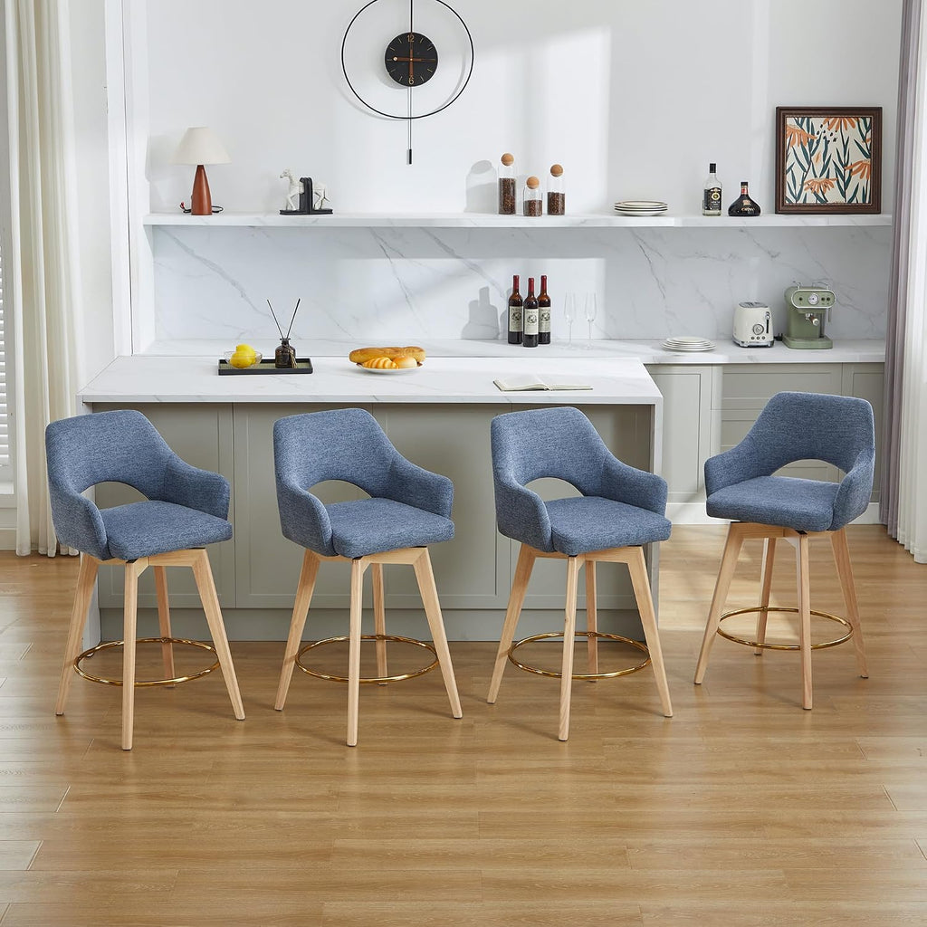 Zesthouse Swivel Counter Stools Set of 4, Wooden Counter Height Bar Stools | 26" Farmhouse Counter Stools with Back & Arm, Upholstered Linen Fabric Barstool with Solid Wood Leg, Blue Island High Chairs