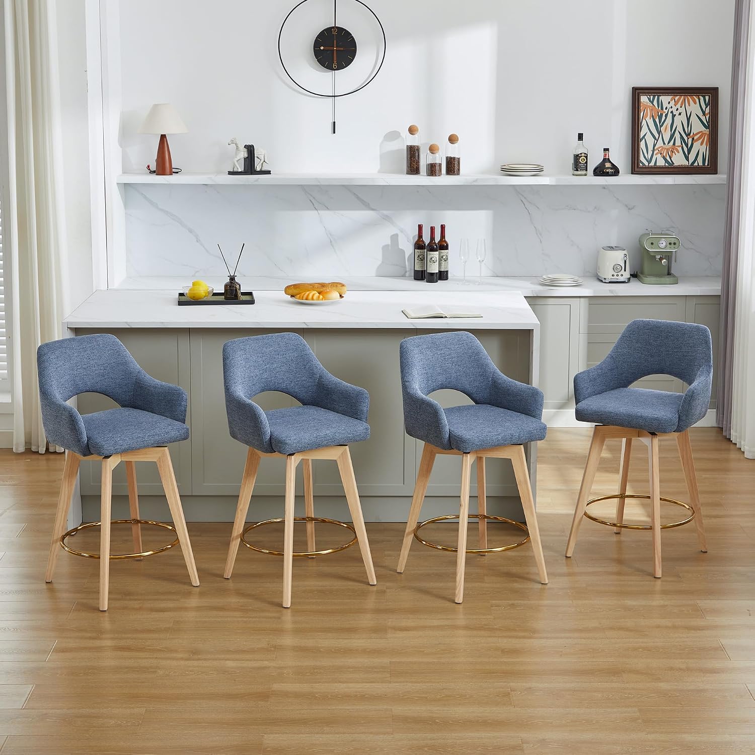 Zesthouse Swivel Counter Stools Set of 4, Wooden Counter Height Bar Stools | 26" Farmhouse Counter Stools with Back & Arm, Upholstered Linen Fabric Barstool with Solid Wood Leg, Blue Island High Chairs