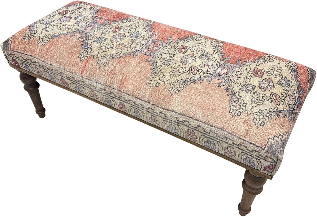 Ottoman Bench with Rug Upholstered Handmade Wood Work for Boho Farmhouse Kitchen Dining Room Entryway Footstool Livingroom Bedroom, Piano Bench, Coffee Bench (Era-62, 18x18x48)