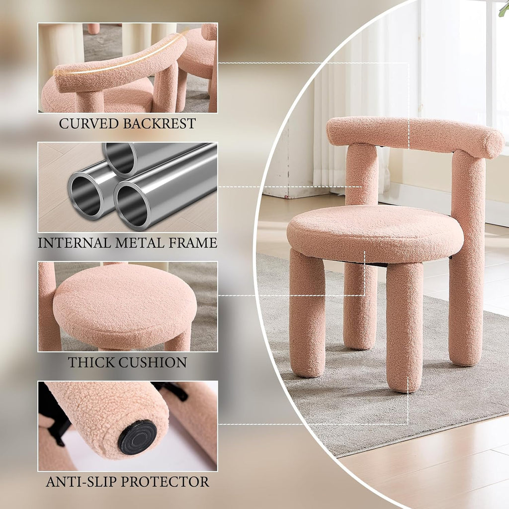 Boucle Dining Chairs Set of 2, Mid Morden Century Chairs with Curved Back Round Upholstered Round Dining Chairs, Armless,for Bedroom Kitchen and Dining Living Reading Room Reception, Pink