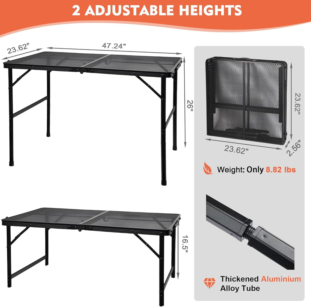 GREGIN Folding Camping Grill Table, Outdoor Metal Table. Foldable, Portable | Lightweight, Height Adjustable Camp Table with Mesh Desktop for Grilling, Cooking, BBQ, Griddle, Patio, Picnic-4 ft Black