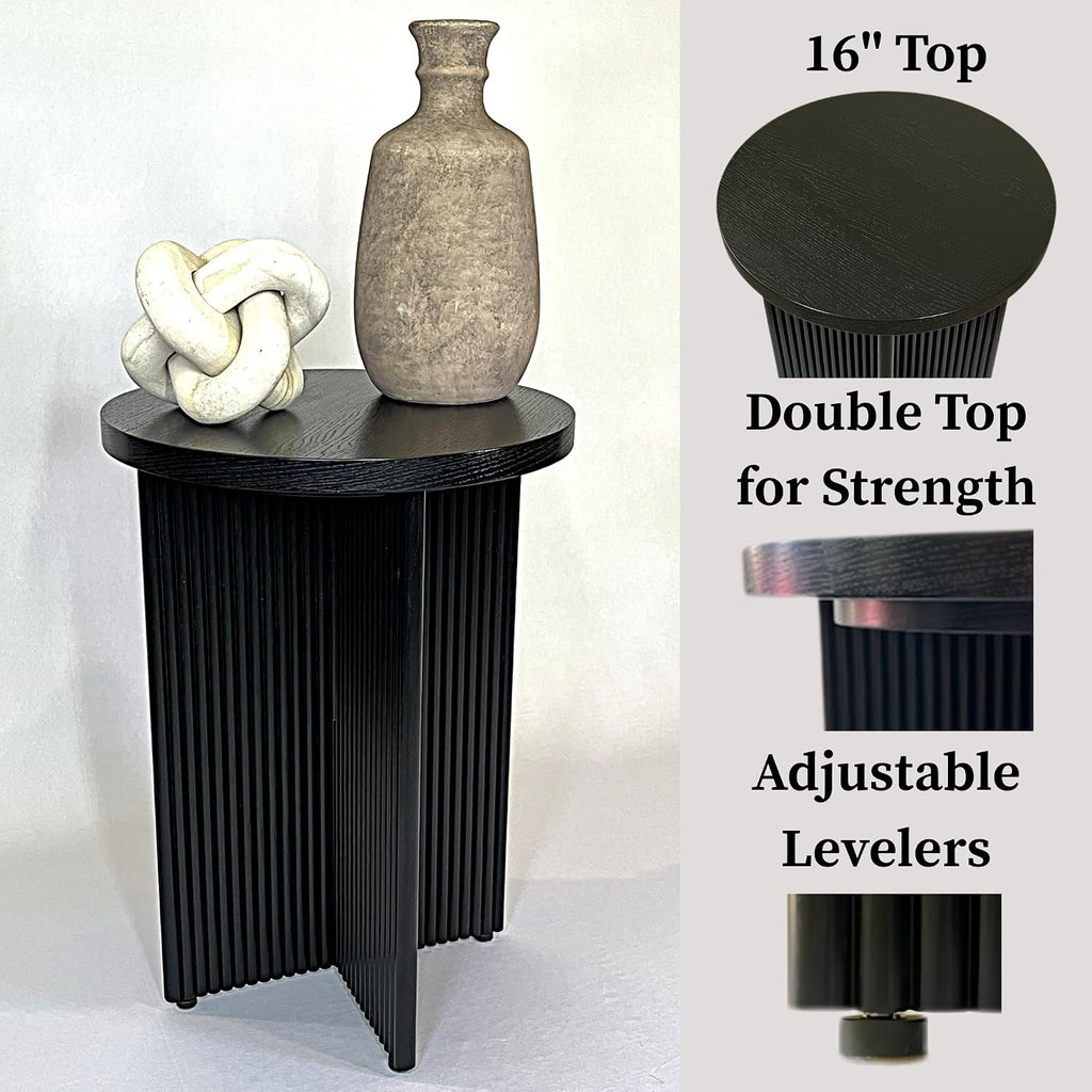 Fluted Side Table, Small Oak End Tables, Round Top, Living Room Side Table, Solid Natural Oak Wood X Base, Black Accent Bedside Table With Double Veneer Top, Size 22.5 with Levelers Included