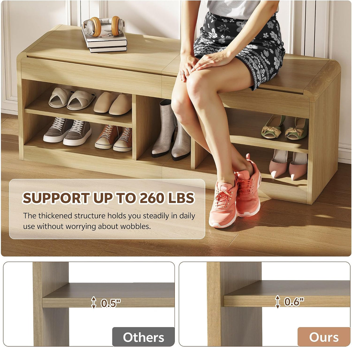 Shoe Storage Bench, 47.2in Entryway Bench with Flip-Open Storage Box, 2 Tier Shoe Rack Organizer with Shelf, Entryway Cabinet for Hallway Living Room Bedroom, Natural