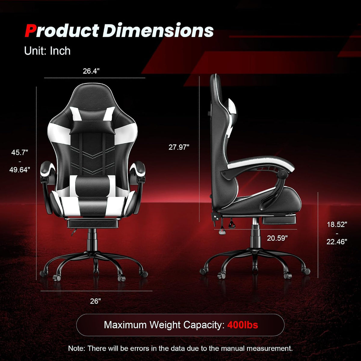 Gaming Chair with Footrest, Ergonomic Video Game Chair for Adults, White | PU Leather, Headrest and Lumbar Support, Height Adjustable 360° Swivel High Back Reclining Computer Chair for Home Office