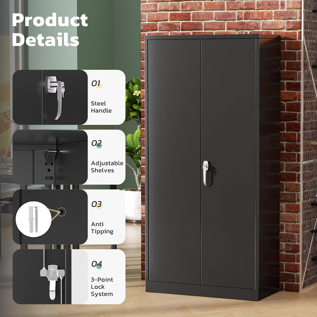 Greenvelly 72" H Metal Storage Cabinet, 36" W x 18" D Black Metal Cabinet with 2 Doors and 4 Adjustable Shelves,Locking Cabinets for Office, Home, Garage, School