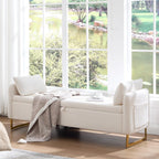 Storage Bench for Bedroom, 65 Inch End of Bed Storage Bench Cream | Chenille End of Bed Bench King Size Tufted Upholstered and Gold Legs, Bedroom Bench with Storage, Arms, 2 Pillows, for Window