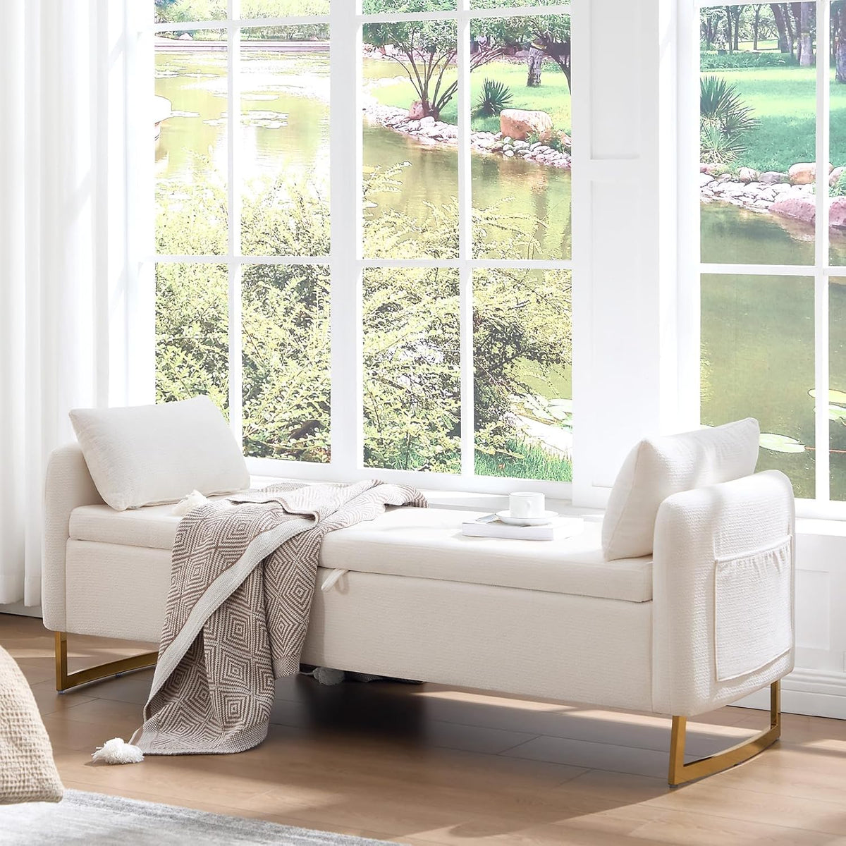 Storage Bench for Bedroom, 65 Inch End of Bed Storage Bench Cream | Chenille End of Bed Bench King Size Tufted Upholstered and Gold Legs, Bedroom Bench with Storage, Arms, 2 Pillows, for Window