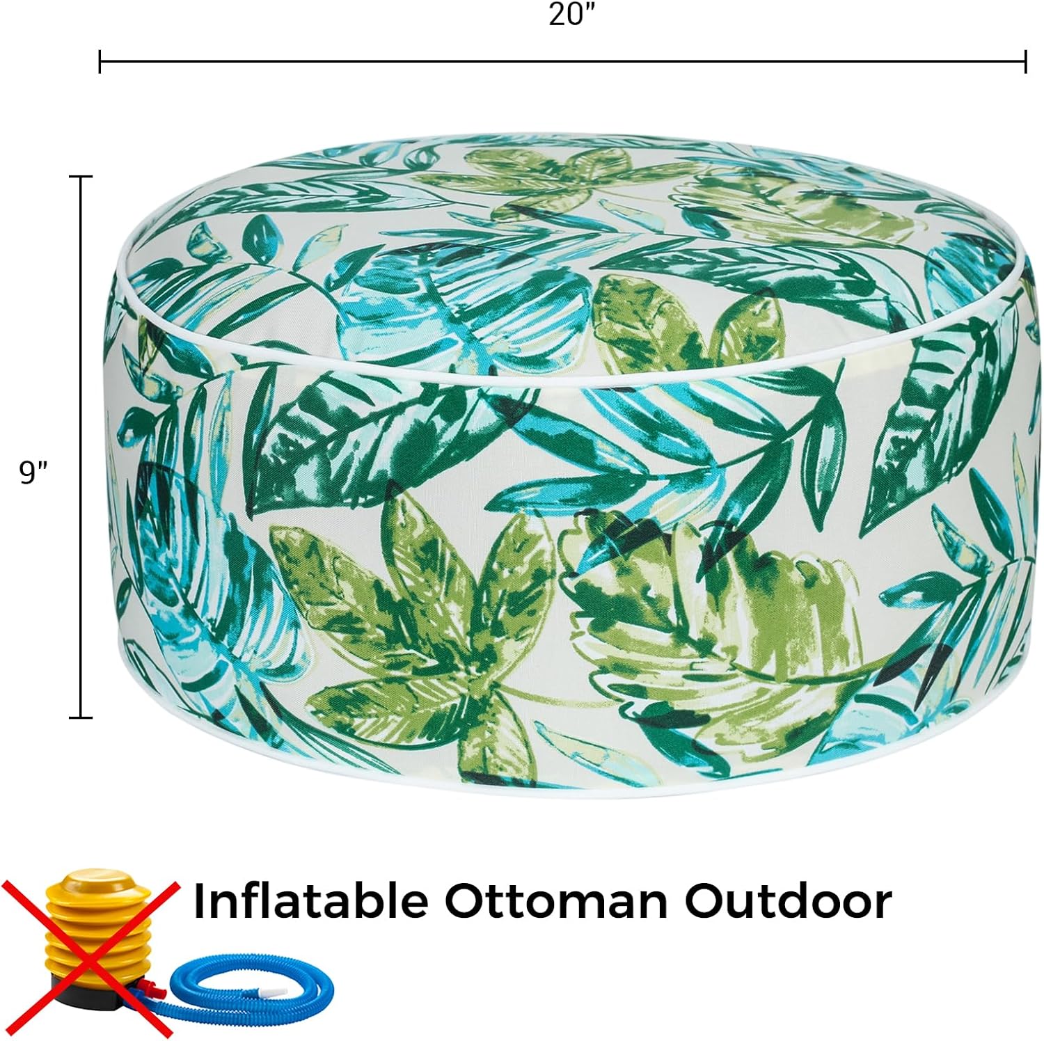 Inflatable Outdoor Ottoman,20"x9" Portable Patio Pouf,Water Resistant,Fade-Resistant,Round Blow Up Footrest Stools for Home Garden Camping Travel(Palm Leaf)