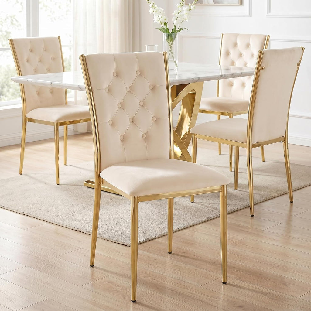 Velvet Dining Chairs Set of 4, Modern Kitchen Chair with Gold Metal Legs, Luxury Upholstered Tufted Dining Room Chairs for Home, Apartment, Living Room - Beige