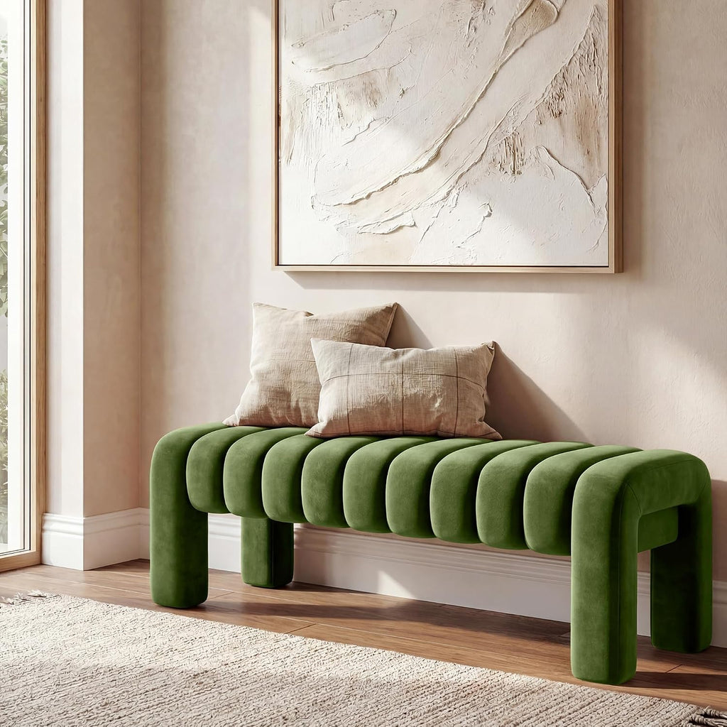 43.3” Dining Room Bench, Olive Green Tufted Upholstered End of Bed Bench, Modern Entryway Ottoman Window Seat with Solid Wood Legs and Padded Seat for Bedroom, Hallway and Living Room (Velvet)