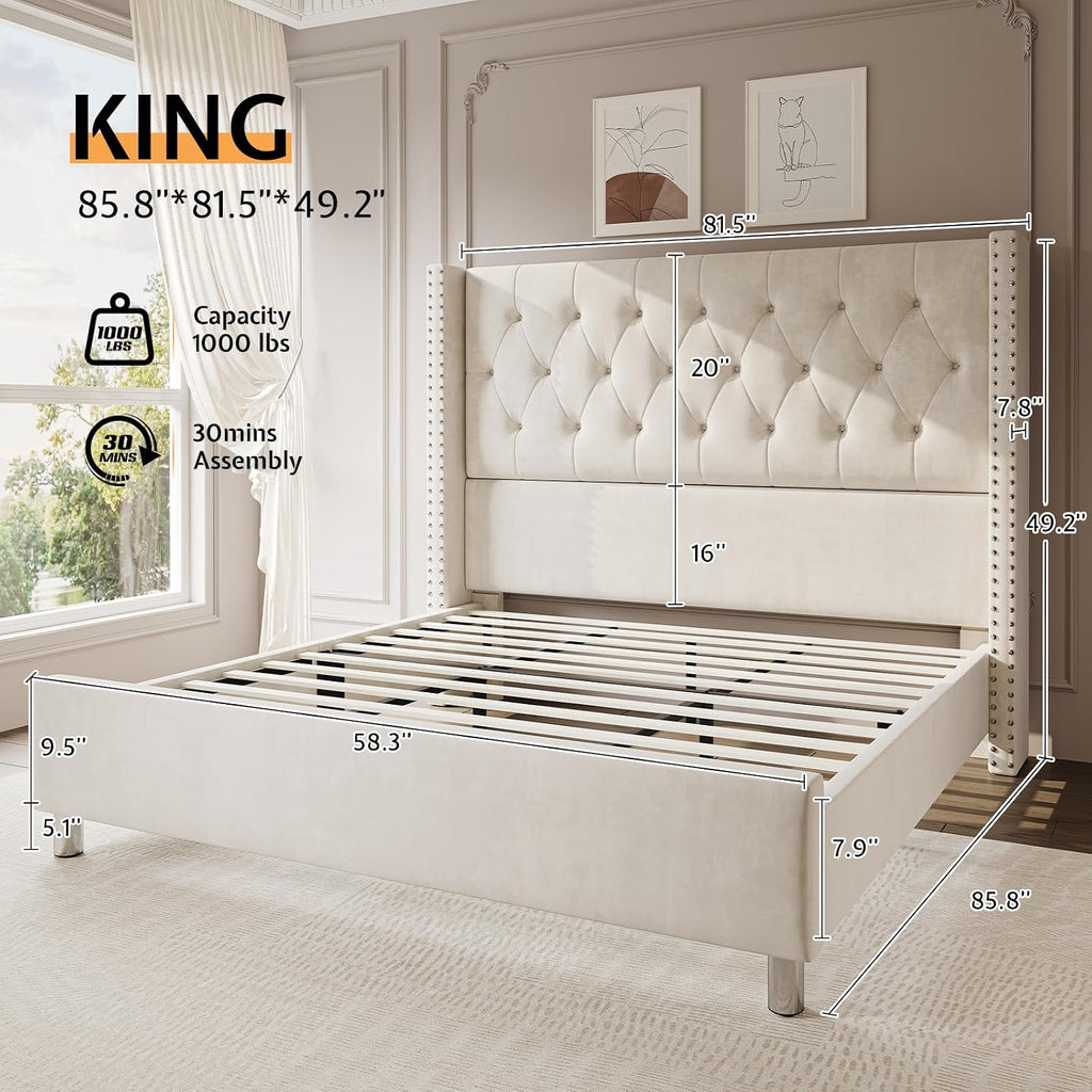 PaPaJet King Velvet Bed Frame with 49.2" Tall Wingback Headboard, Cream