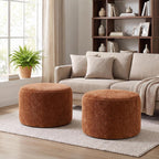 Upholstered Round Pouf Ottoman, Modern Footstool, Orange-Brown | Small Chenille Footrest with Soft Padded Seat & Wood Frame, Accent Vanity Stool for Bedroom (22.6"D x 22.6"W x 16.5"H)