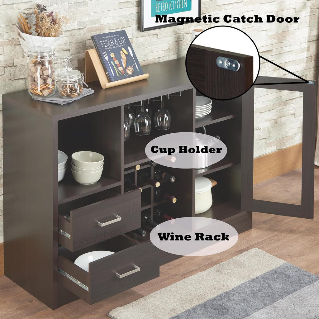 Knocbel Wooden Storage Wine Cabinet with Glass Door and 2 Interior Shelves, Console Table Buffet Sideboard Server with Drawers and Open Compartments for Kitchen 16" D x 47" W x 33" H Espresso