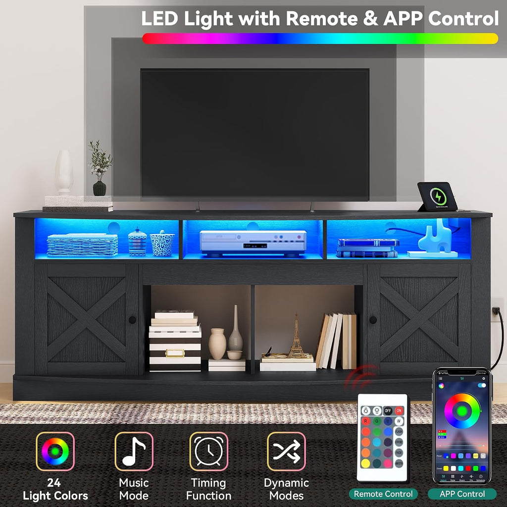 YITAHOME TV Stand with Curved Desktop for 75/80 Inch TVs, Black | Entertainment Center with LED Lights, Media Furniture TV Table with with Power Outlet, TV Consoles for Living Room