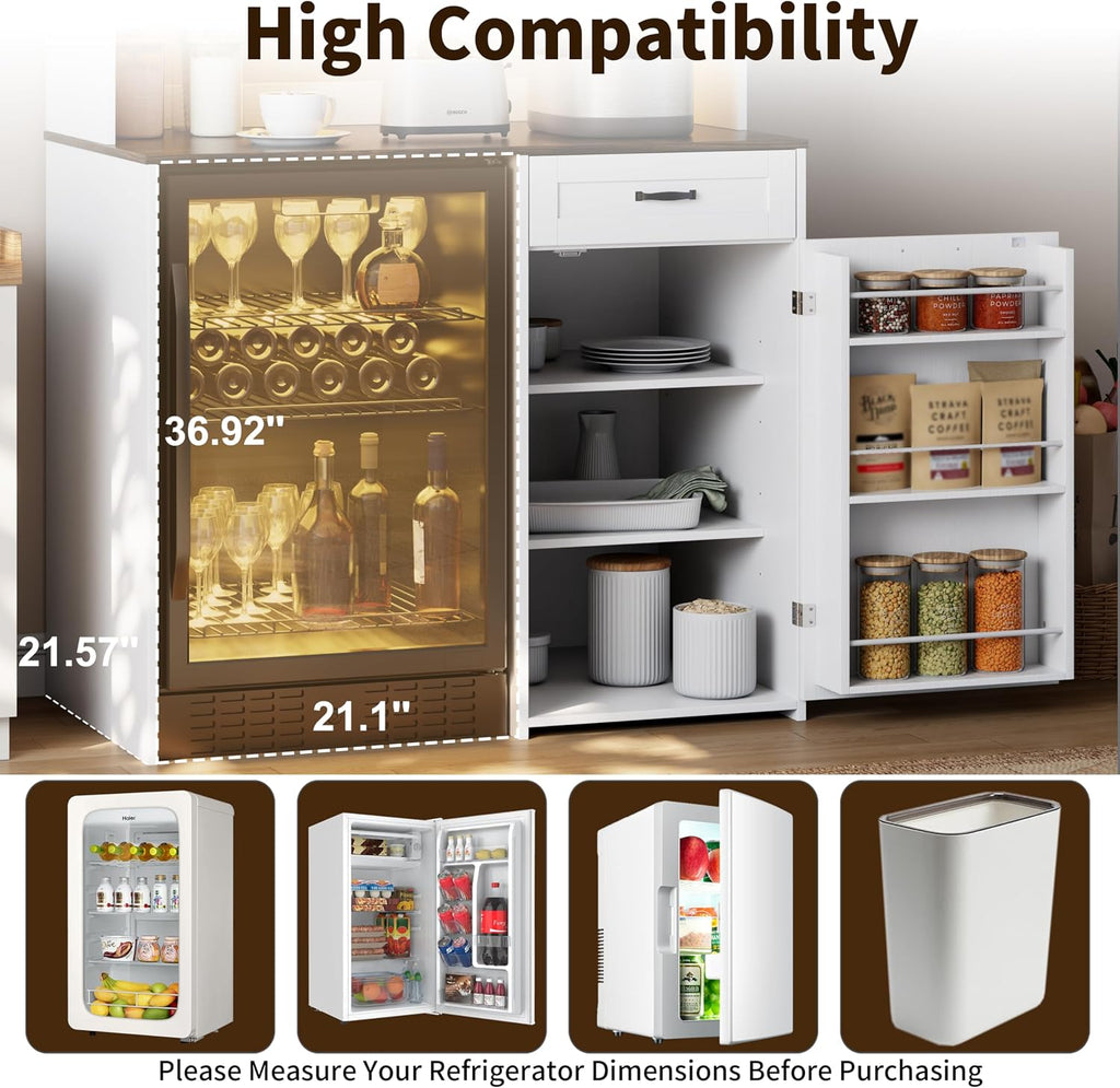73'' White Pantry Cabinet with Fridge Space - Farmhouse Kitchen Pantry Storage Cabinet with Outlet & Led Light, Tall Pantry Cabinet with Hooks & Shelf Guardrail, Kitchen Hutches with Microwave Stand