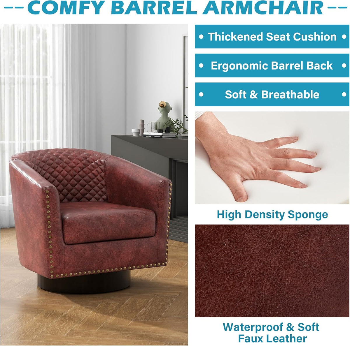 Swivel Barrel Accent Chairs Set of 2, Faux Leather Upholstered Armchair for Living Room, Comfy Bedroom Side Reading Seat, Red Brown