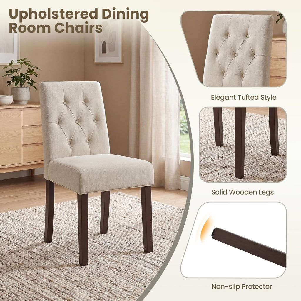 Upholstered Dining Chairs Set of 2, Modern Fabric Dining Chairs with Tufted Design, Kitchen Side Chairs, Farmhouse Dinner Chair with Wood Legs for Kitchen Restaurant Living Room, Beige