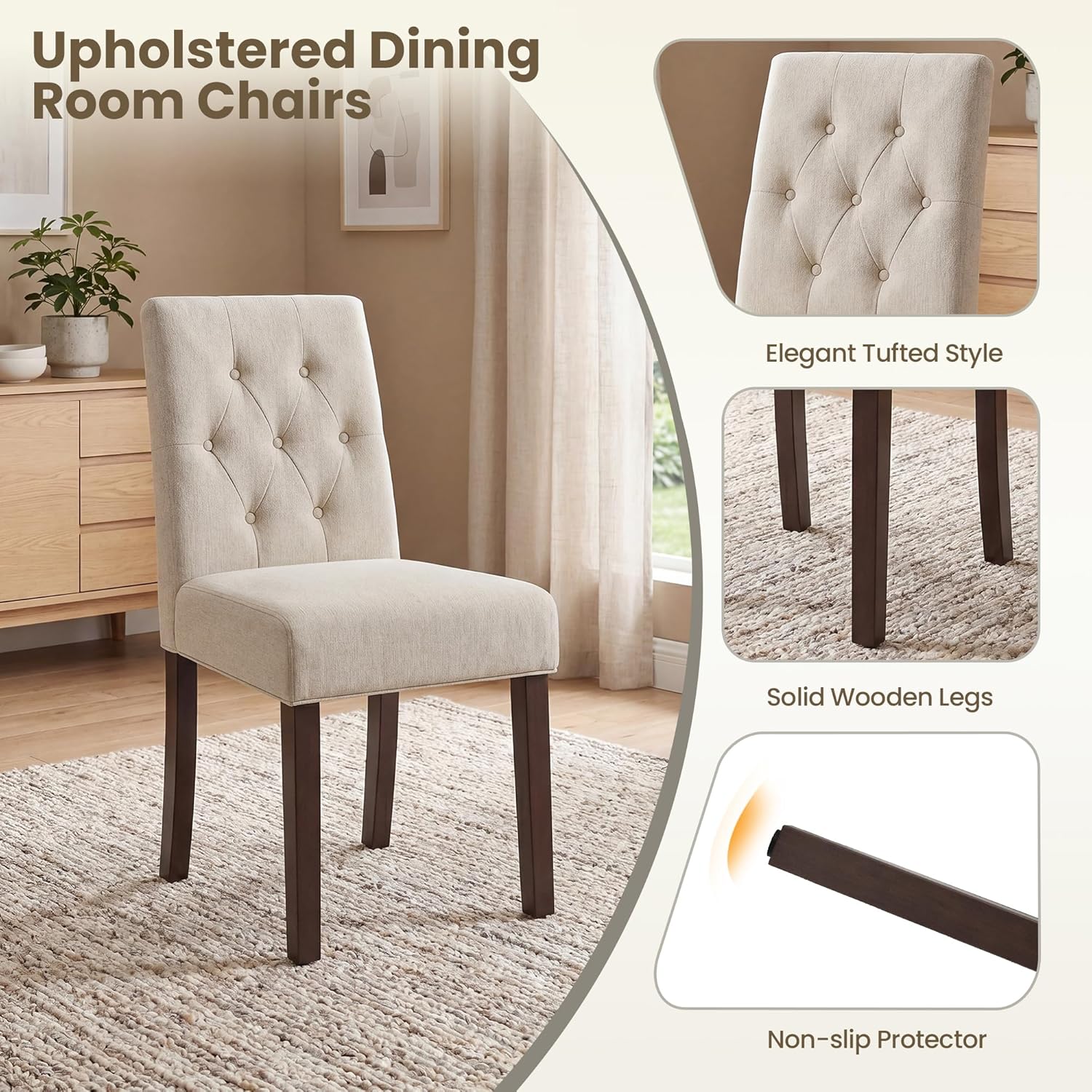 Upholstered Dining Chairs Set of 6 - Modern Parsons Kitchen & Dining Room Chair with Diamond Tufted Back, Solid Wooden Legs for Apartment, Café, Vanity