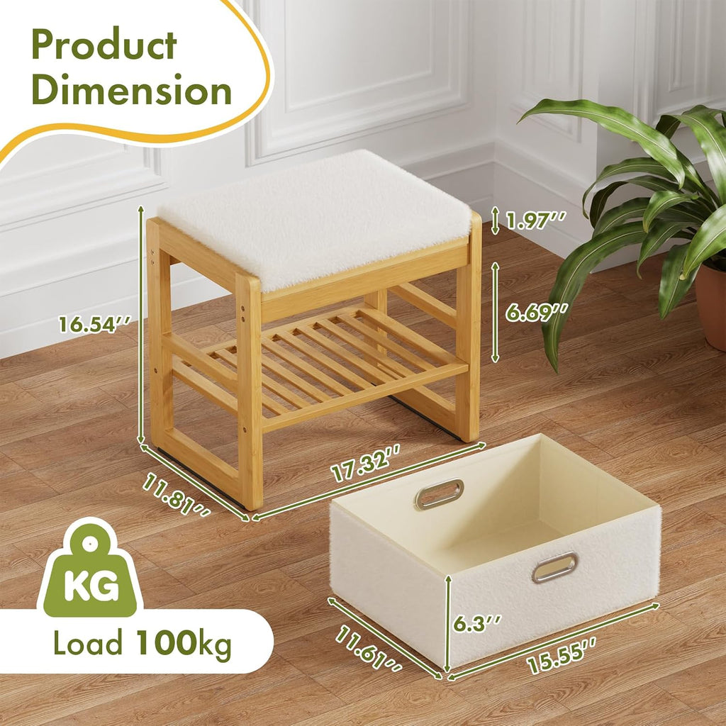 Storage Ottoman, Bamboo Footstool with Drawer, 3-in-1 Soft Ottoman with Storage, Multifunctional Footrest, Seat & Organizer for Living Room, Bedroom, Entryway Gift Set for Family