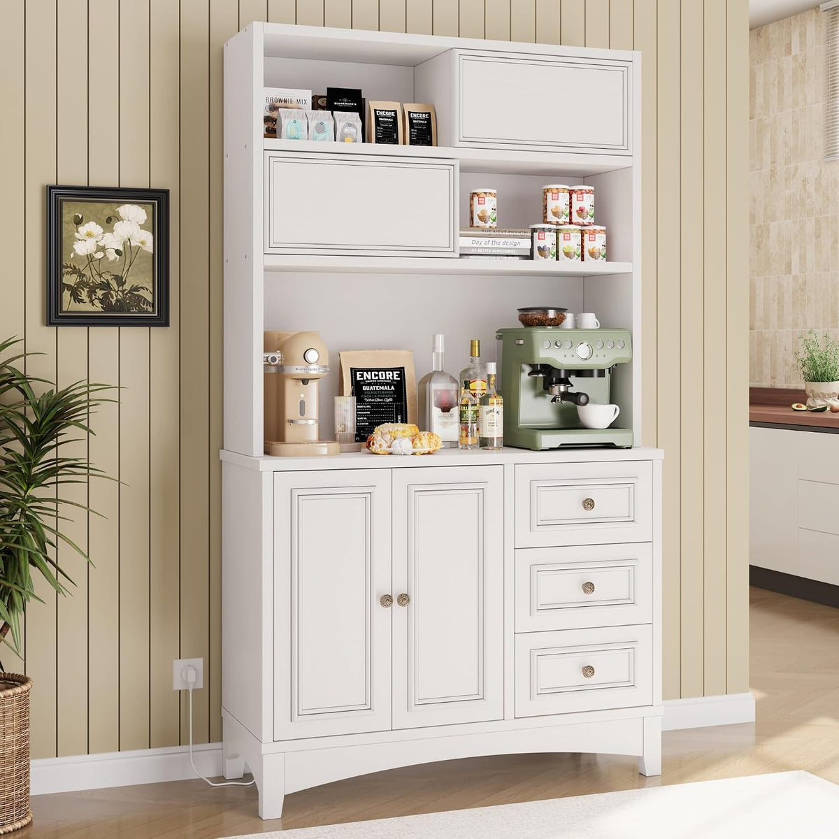 BLANKSPACE 71" Tall Kitchen Pantry Cabinet with Microwave Shelf Built-in Charging Station, Sliding Door Cabinet with Drawer Storage Organizer/Adjustable Shelves for Dining Room, Living Room