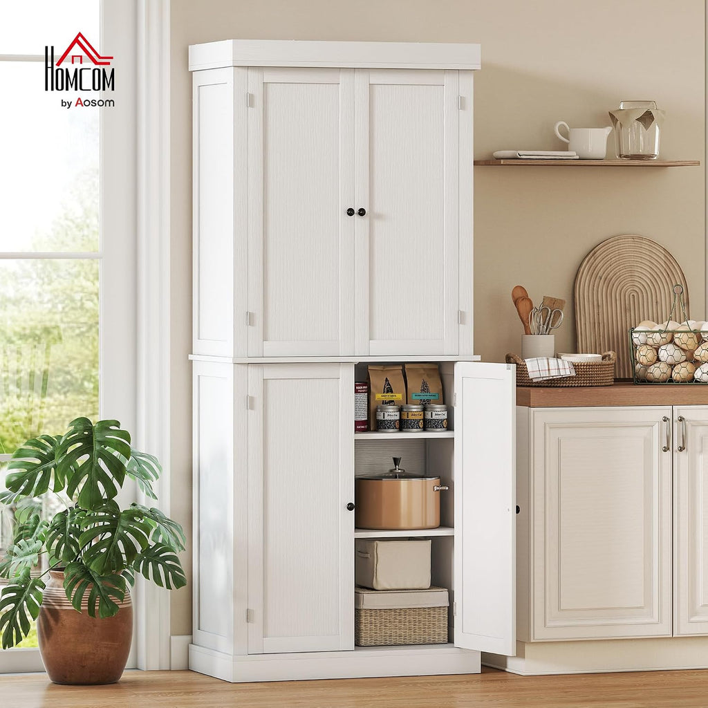 HOMCOM 72.5" Tall Kitchen Pantry Cabinet, Freestanding Modern Farmhouse Kitchen Storage Cabinet with 4 Doors and 2 Adjustable Shelves for Dining Room, White Wood Grain