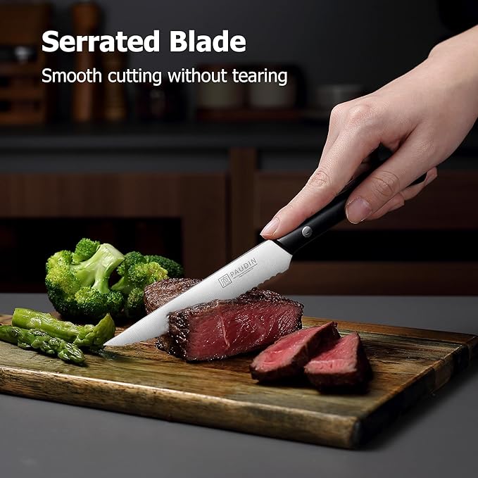 PAUDIN Steak Knives, Steak Knife Set of 8, Razor-Sharp Kitchen Knife Set 4.5 inch, High Carbon Stainless Steel Serrated Steak Knives Set for Kitchen, Full Tang ABS Handle