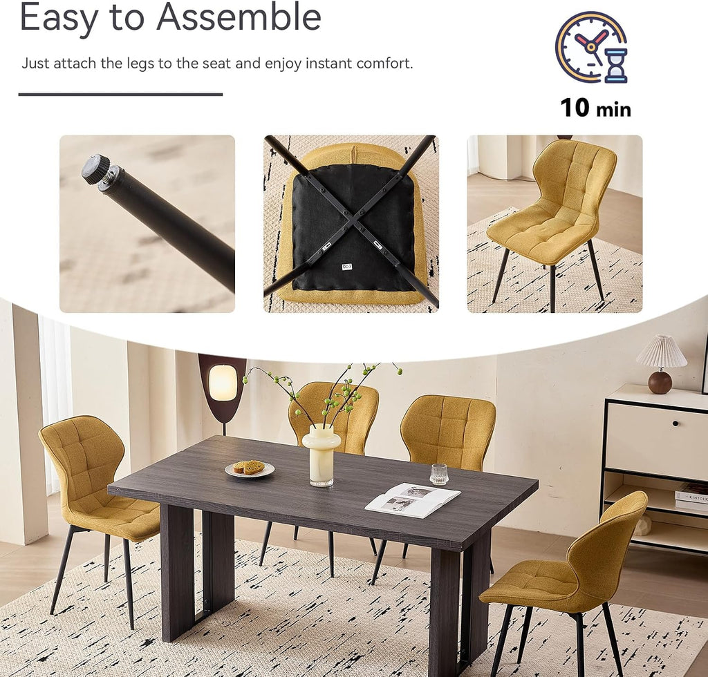Modern Upholstered Dining Chairs Set of 4, Yellow(Only Chairs) | Armless Curved Backrest Dining Room Chair Water Resistant Fabric Kitchen Chairs with Adjustable Foot Pads for Living Room