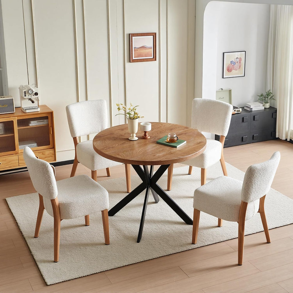 Howtek 5-Piece Kitchen Table Set, 37-Inch Faxu Wood Round Dining Table, White Upholstered Kitchen Side Chairs with Backrest & Metal Legs for Breakfast Nook, Dining Room, Office, Kitchen