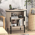 Bonzy Home Round Nightstand with Storage, Fluted Side Table with Charging Station, Mid Century Modern Bedside Table, End Table with Sliding Door for Living Room, Bedroom, Small Spaces, Oak