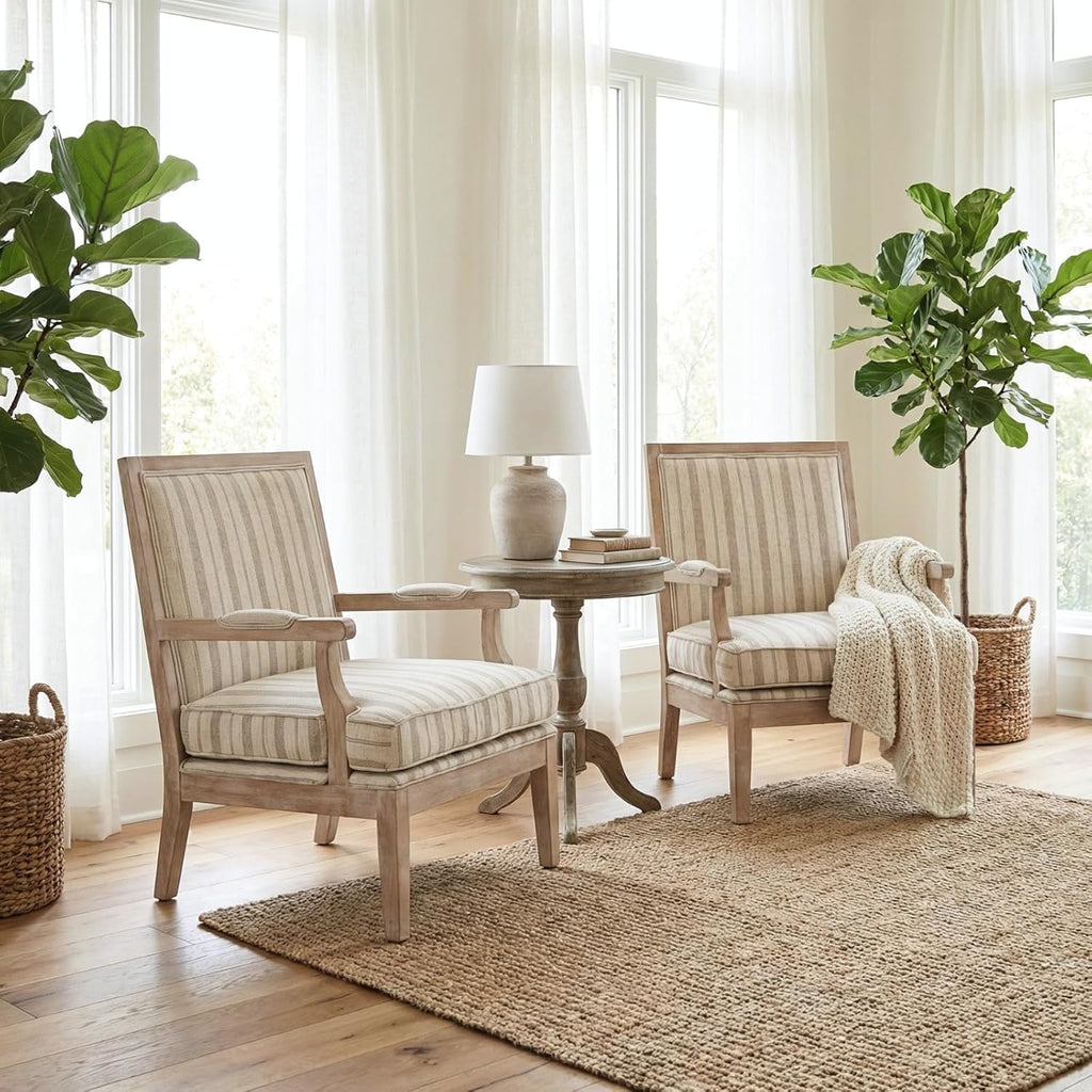 Modern Farmhouse Striped Accent Chair, Wide Upholstered Armchair with Armrest Pads, Coastal French Country Solid Wood Reading Chair for Living Room Bedroom Guest Room, Linen Fabric