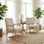 Modern Farmhouse Striped Accent Chair, Wide Upholstered Armchair with Armrest Pads, Coastal French Country Solid Wood Reading Chair for Living Room Bedroom Guest Room, Linen Fabric