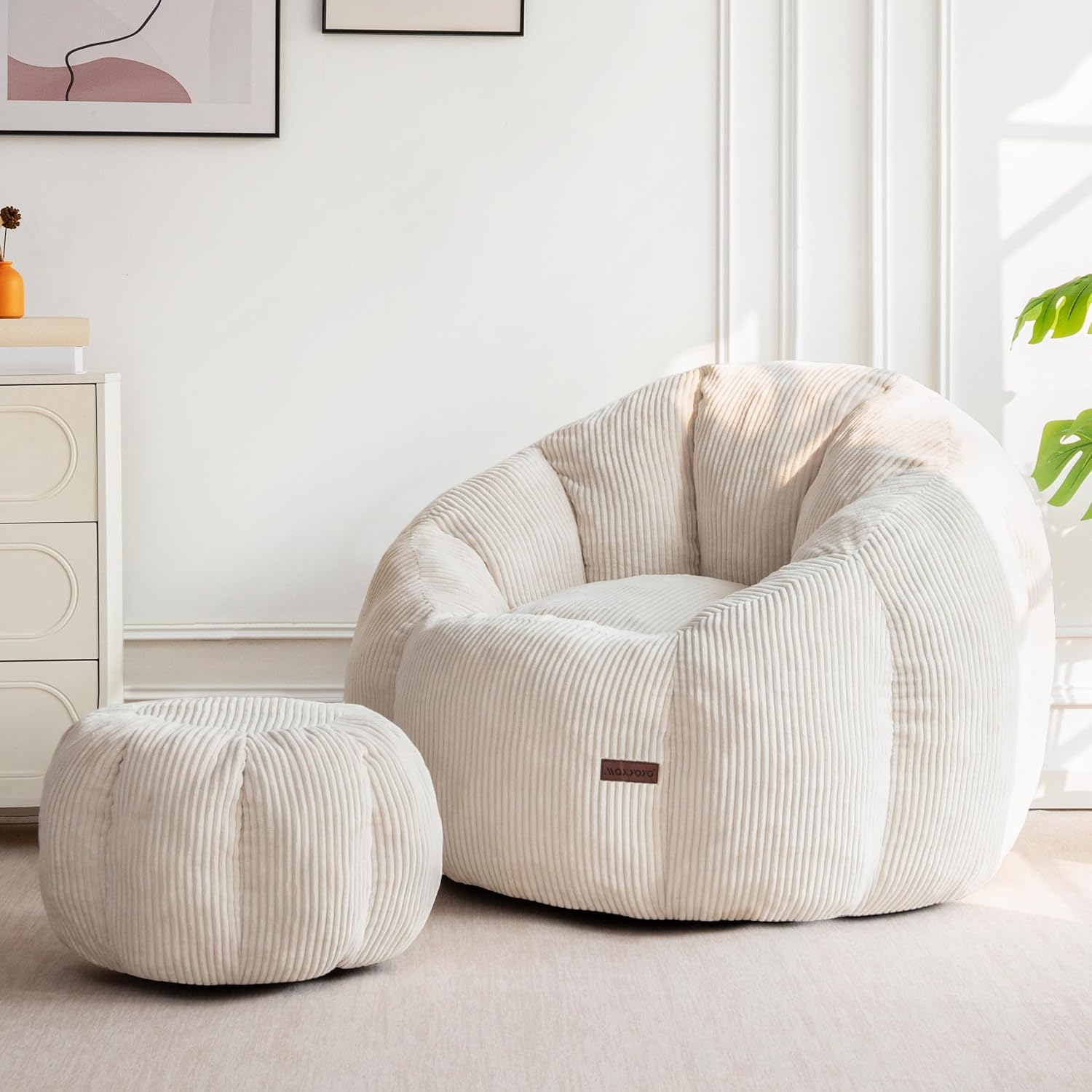 MAXYOYO Bean Bag Chair with Ottoman, Giant Pumpkin Lounge Chair for Adults | Oversized Bean Bag Chair with Footstool, Comfy and Lazy Lounge Chair for Dorm, Living Room, Bedroom, Beige