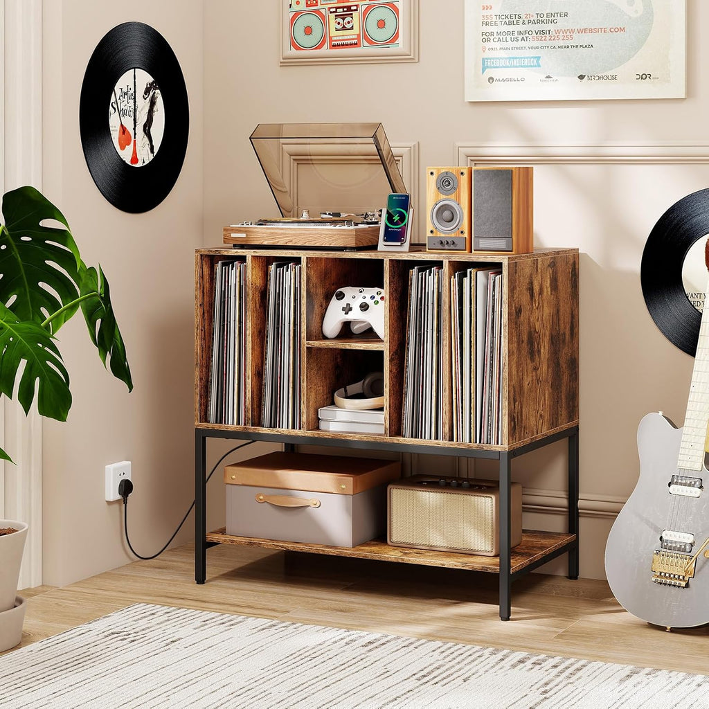 Giantex Record Player Stand with Charging Station, Turntable Stand with Storage Shelves Hold Up to 150+ Albums, Record Player Table with Metal Frame, Vinyl Record Storage for Music Living Room, Brown