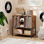Giantex Record Player Stand with Charging Station, Turntable Stand with Storage Shelves Hold Up to 150+ Albums, Record Player Table with Metal Frame, Vinyl Record Storage for Music Living Room, Brown