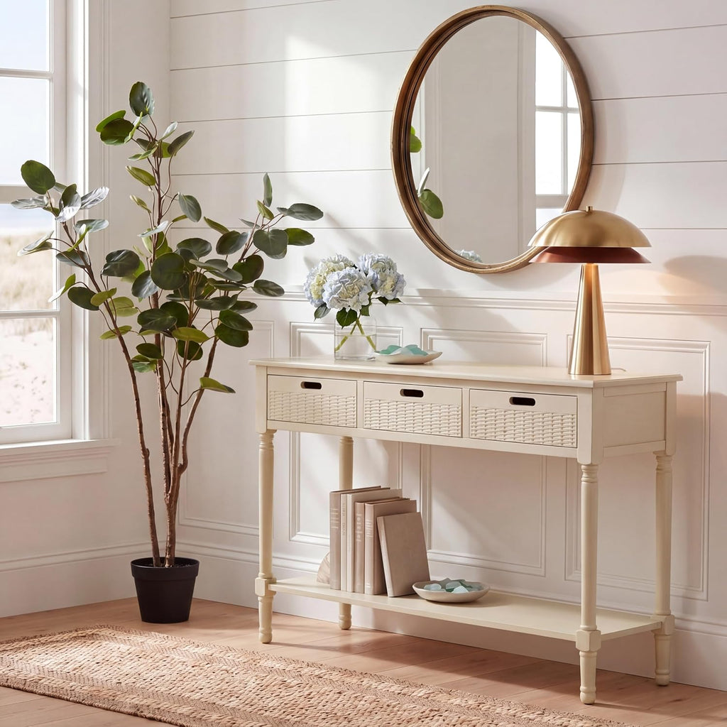 SAFAVIEH Home Collection - Landers Sand Console Table with 3 Basket Drawers and 1 Shelf, Farmhouse Accent Entryway Table (CNS5711G)