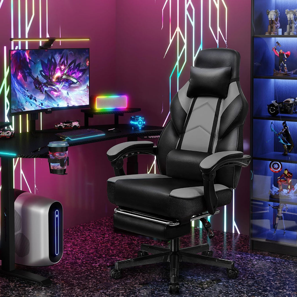 Gaming Chair for Adult, Computer Chair with Footrest Video Game Chair Big and Tall Gaming Chair with Massage Lumbar Support, Adjustable Height and 360° Swivel Seat(Grey)