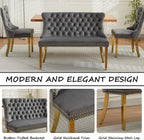 Velvet Upholstered Dining Bench with Back, 45.6'' Tufted Loveseat Bench with Gold Stainless Steel Legs, Mid-Century Modern Banquette Seating for Dining Room, Kitchen, Entryway, Gray