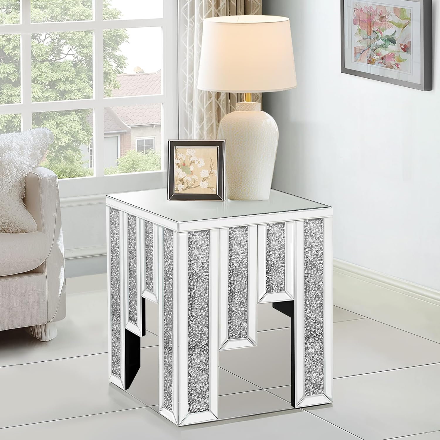 Crushed Diamond Side Table, Mirrored Accent End Table & Sofa Table for Living Room, Luxury Bling Crystal Nightstand, Fully Assembled Drop-Tested Packaging for Bedroom, Entryway