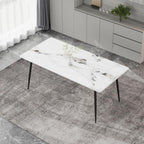 63" Sintered Stone Dining Table, Modern Rectangular Kitchen Table with Carbon Steel Legs for 4-6 Seat, Scratch Heat and Stain Resistant for Dining Room/Restaurant (White w/Black Gold Vein)