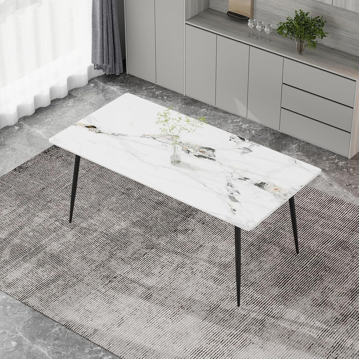 63" Sintered Stone Dining Table, Modern Rectangular Kitchen Table with Carbon Steel Legs for 4-6 Seat, Scratch Heat and Stain Resistant for Dining Room/Restaurant (White w/Black Gold Vein)