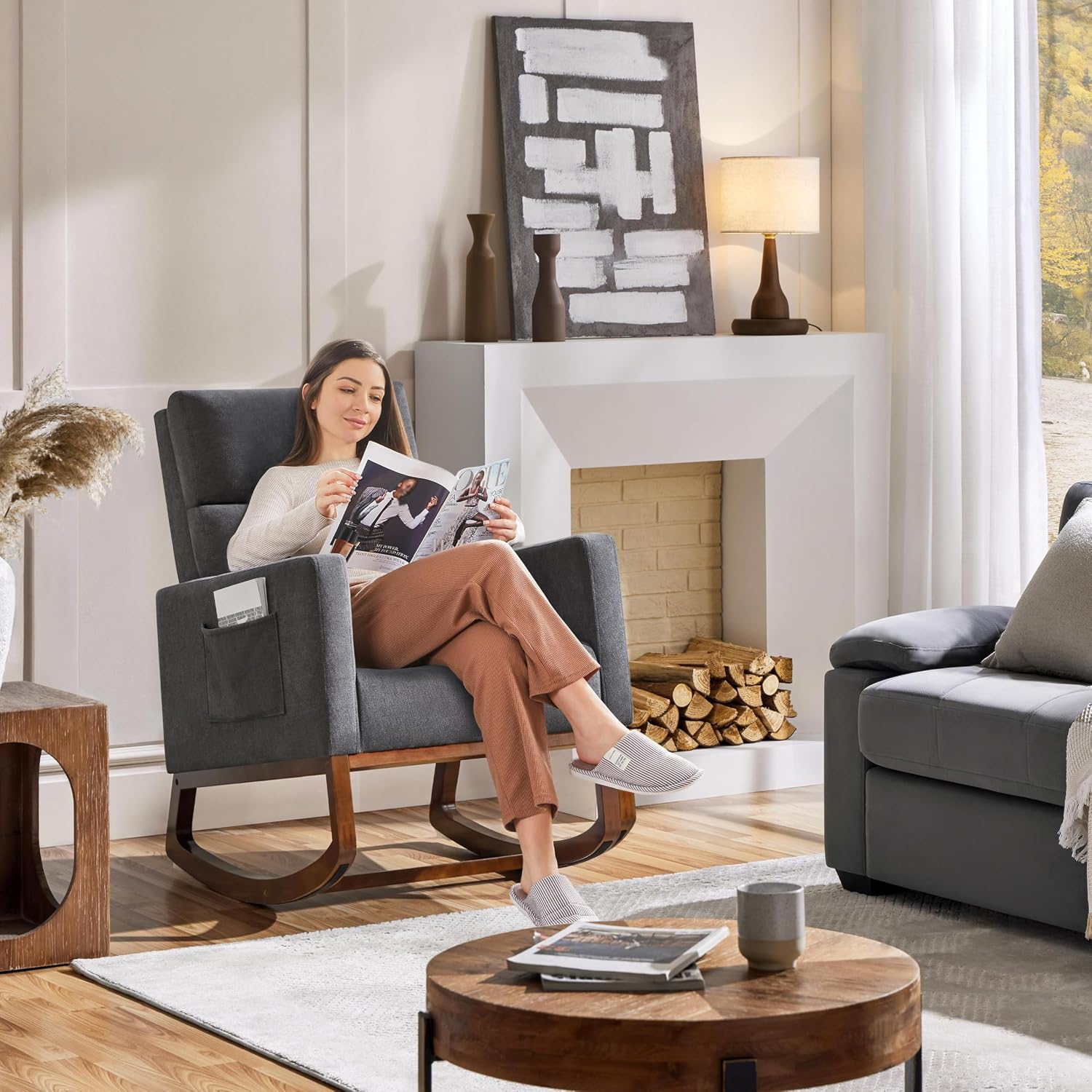 Yaheetech 28in Wide Padded High Back Glider Rocking Chair, Gray Polyester | High Back Nursing Chair with Side Pockets, Thick Foam Glider Chair, Rubberwood Base, Leisure Rocker for Living Room Bedroom