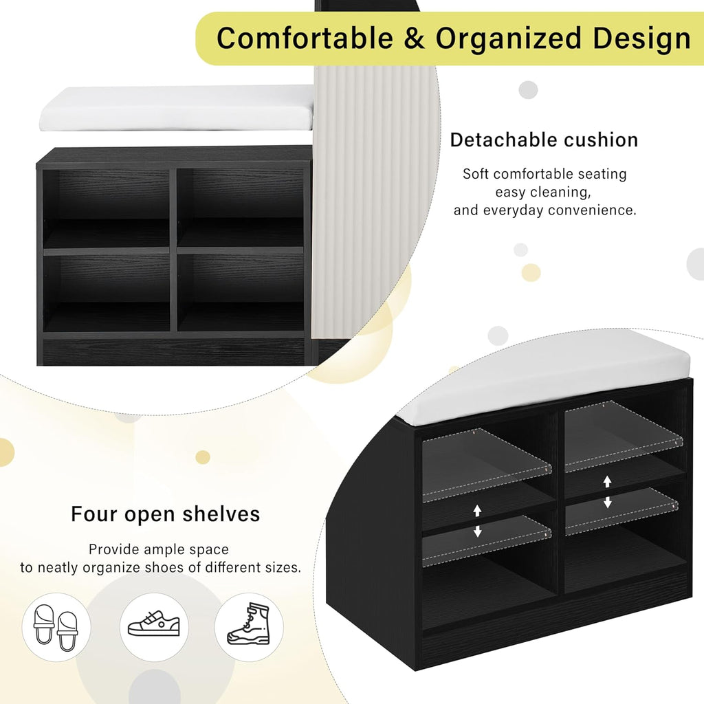 Modern Storage Cabinet with Shoe Bench, 2 Doors and 3-Tier Adjustable Shelves, Entryway Bench with 4 Open Shoe Racks and Removeble Cushion, Console Table with Wavy Slatted Door and Hooks (Beige+Black)