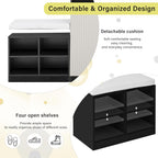 Modern Storage Cabinet with Shoe Bench, 2 Doors and 3-Tier Adjustable Shelves, Entryway Bench with 4 Open Shoe Racks and Removeble Cushion, Console Table with Wavy Slatted Door and Hooks (Beige+Black)