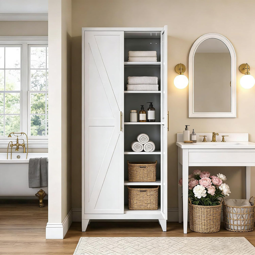 Metal Pantry Cabinet, 75.3-Inch Tall, 5 Adjustable Shelves, White | 75.3"H x 31.5"W x 15.75"D steel cabinet with 5 adjustable shelves, embossed doors, adjustable feet, and required assembly.