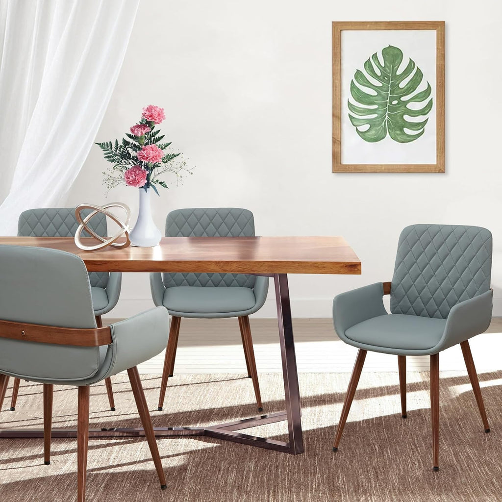 LUNLING Mid Century Modern Faux Leather Dining Room Chairs,Upholstered Seat Metal Legs Chairs Blue Faux Leather Kitchen Chair Reception Room Chair,1PCS