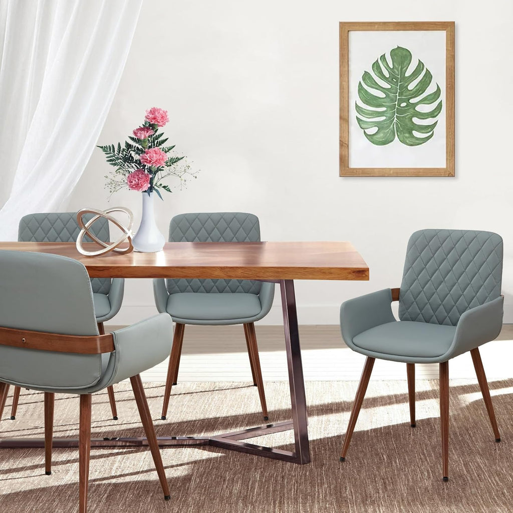 LUNLING Mid Century Modern Faux Leather Dining Room Chairs Set of 4,Upholstered Seat Metal Legs Chairs Blue Faux Leather Kitchen Chair Reception Room Chair,4PCS