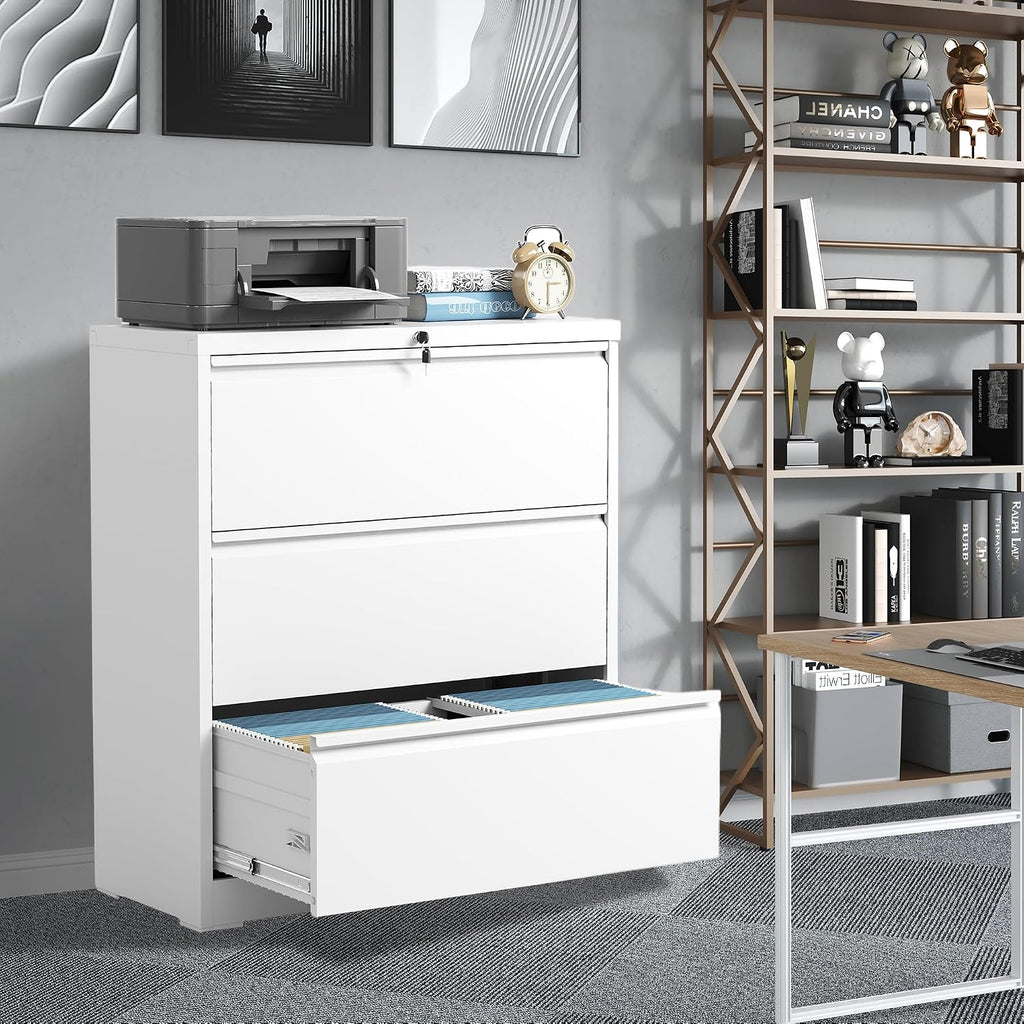 3 Drawer File Cabinet with Lock, Metal Lateral Filing Cabinets | File Cabinets for Home Office Heavy Duty Steel Horizontal Storage Cabinet for Legal/Letter/A4 Size File, Assembly Required