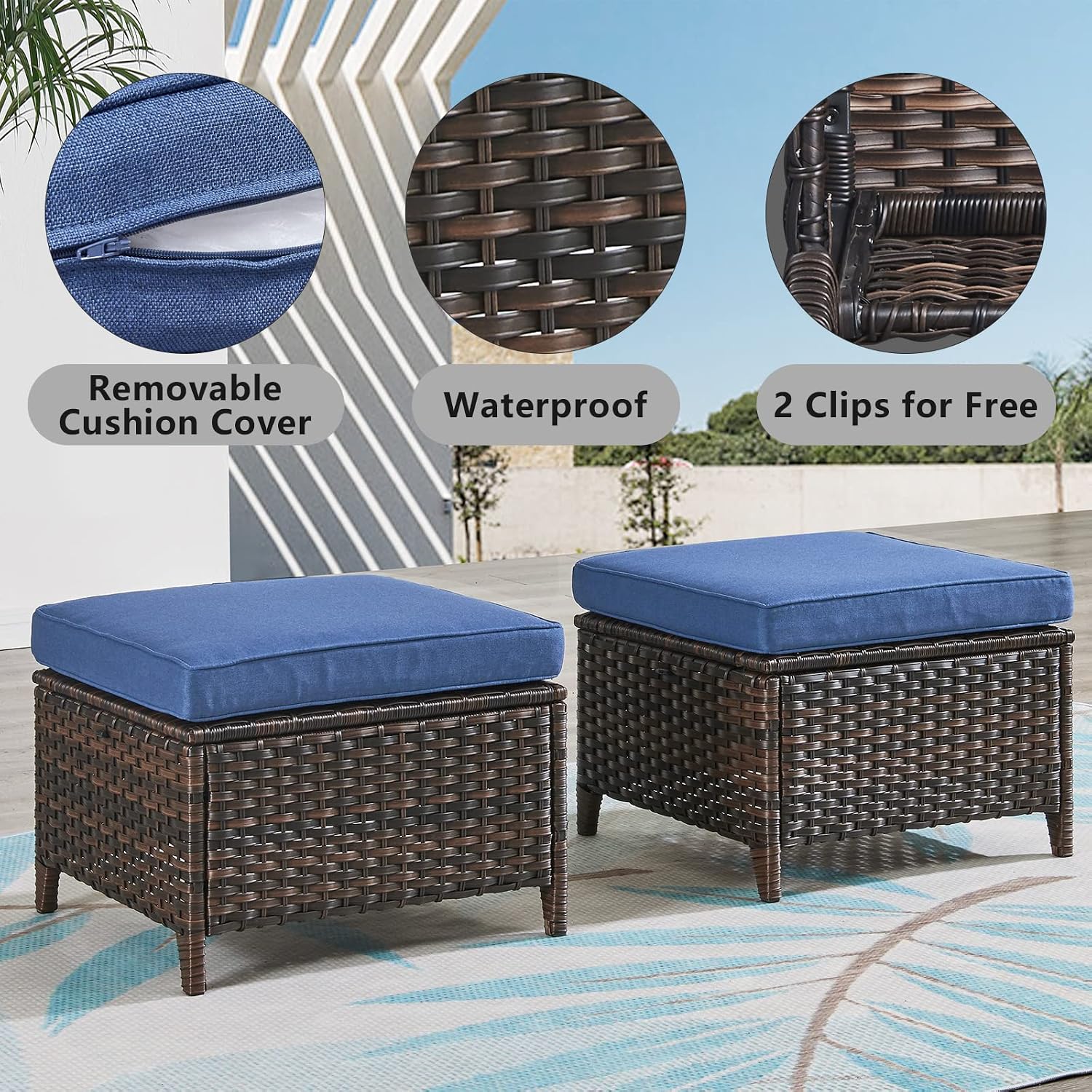 Belord Outdoor Furniture Ottoman Set of 2 Patio Seating Footstool All-Weather Rattan Wicker Ottoman Seat with Soft Cushions for Patio Furniture Set