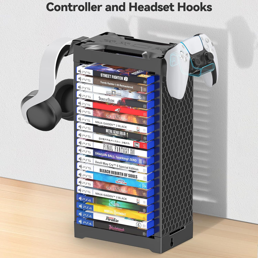 Video Game Disc Rack Tower Storage Holder Stand Universal for PS5/PS4/XBOX One/Series/NS Game, Game Organizer Shelf Display Stand for Wall Mount/Desk/Floor with Controller Holder Sega Genesis Consoles