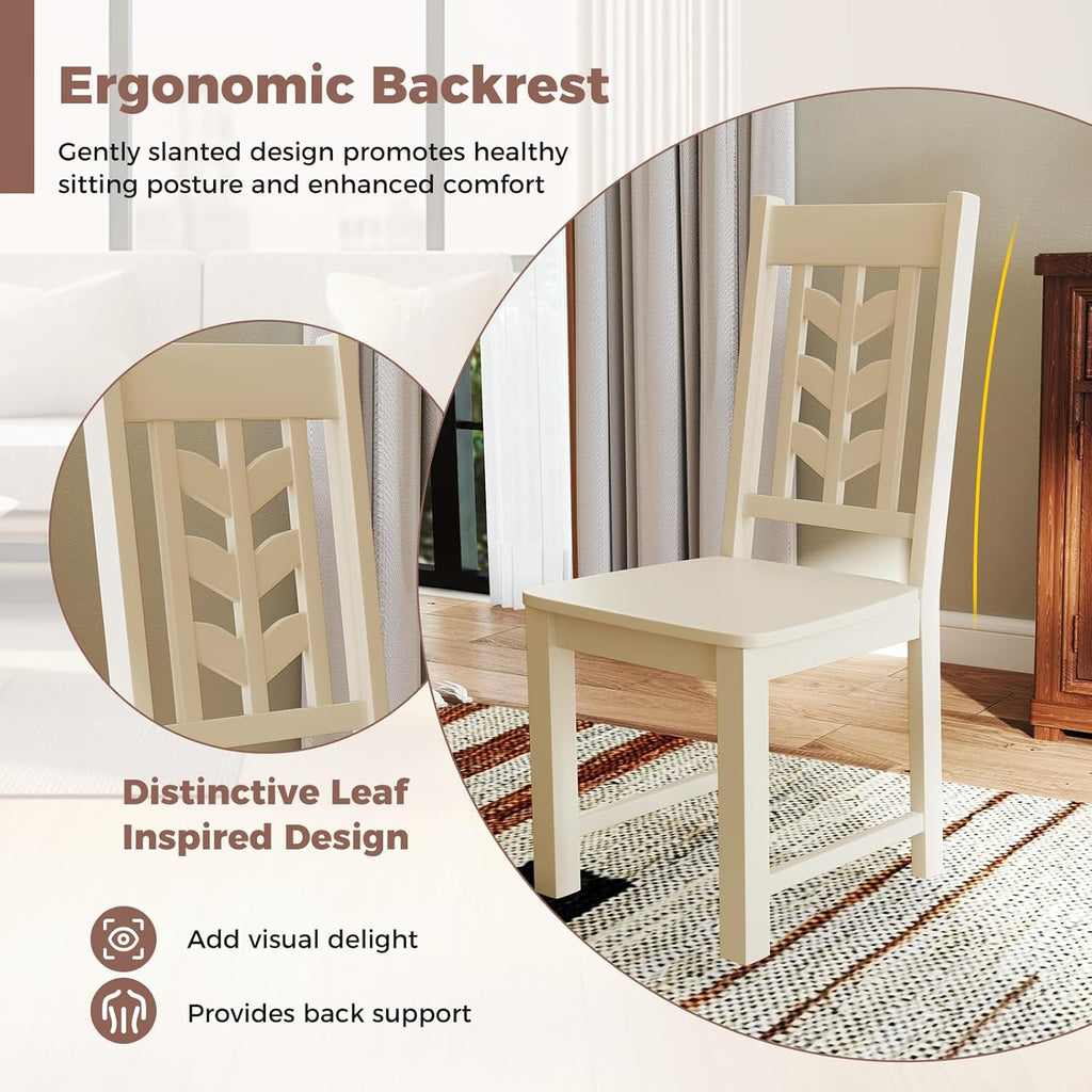 GIANTEX Wooden Dining Chairs Set of 2, Kitchen Chair w/Rubber Wood Frame & Leaf-Shaped High Back, Max Load 400 LBS, Farmhouse Armless Dinette Side Chairs for Living Room Restaurant, Cream White